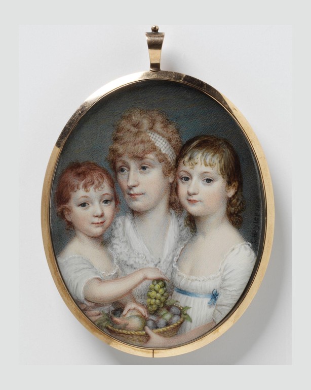 Portrait of the wife of a purser in the east india companys service with two of