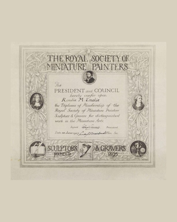 Printed certificate for membership of the royal society of miniature painters sc